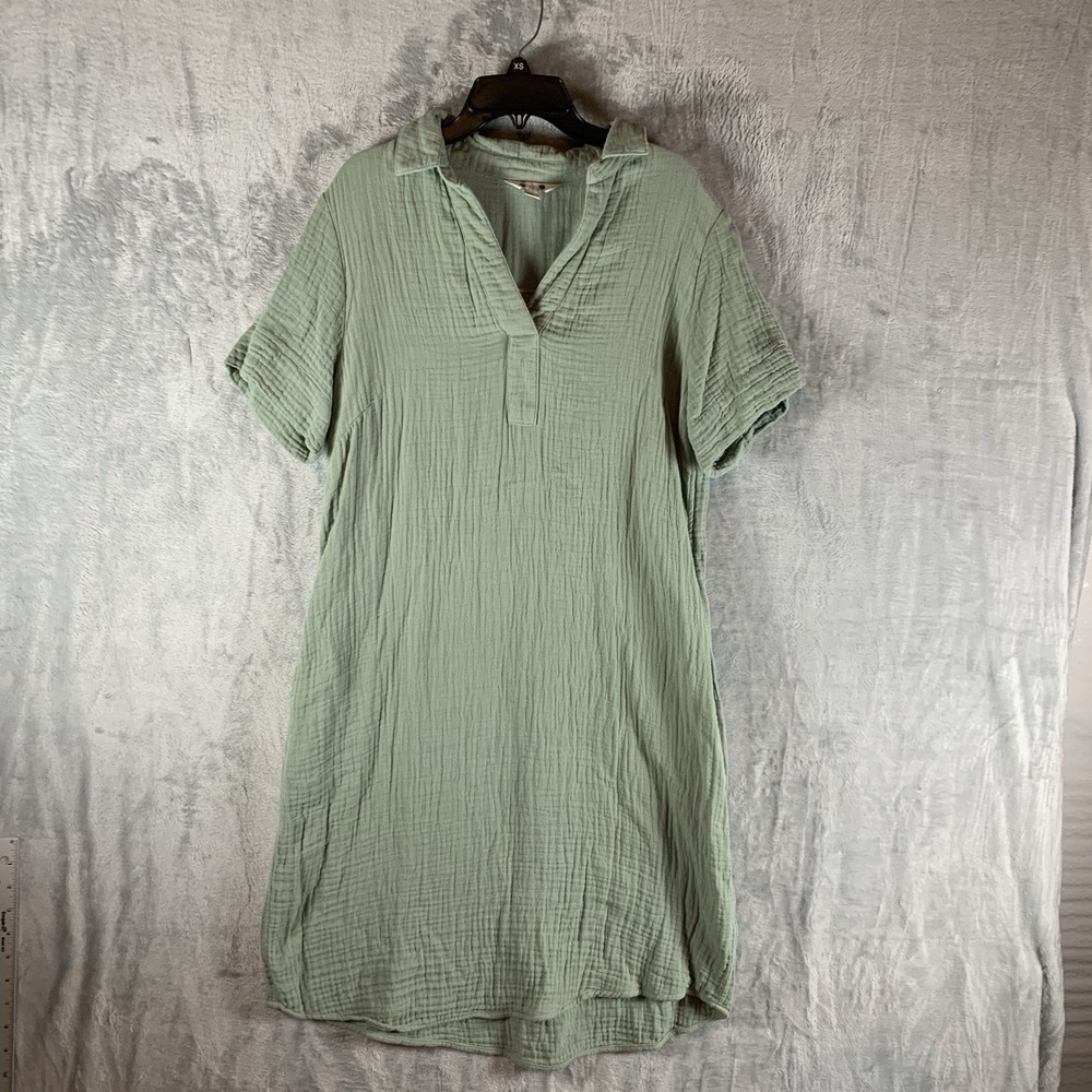 Three Dots Women's Dress S Midi Green Gauz Cotton Minimalist Lagenlook Comfort